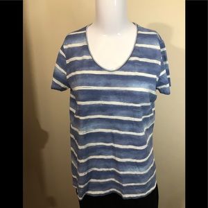 LL Bean Short Sleeve Top Blue and White Stripe M